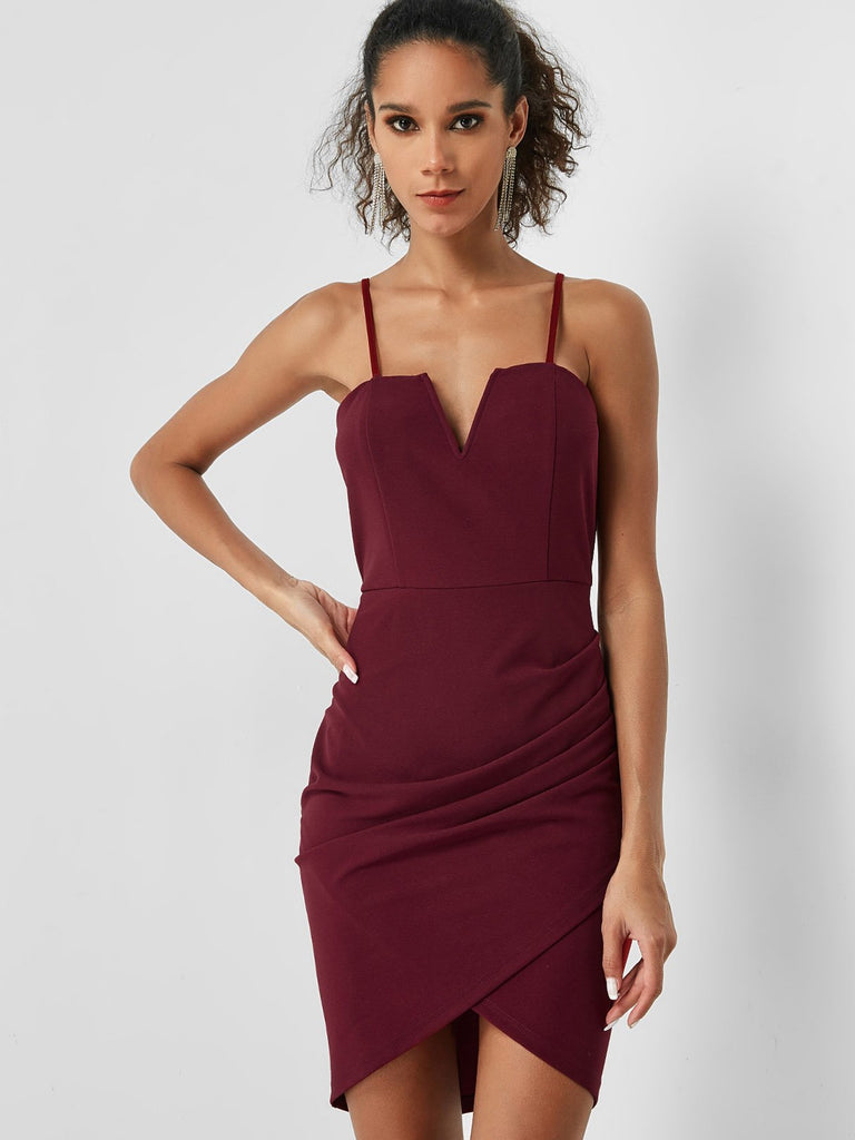 Burgundy Sleeveless Plain Backless Spaghetti Strap Wrap Bodycon Hem Sexy Dresses