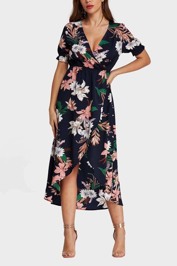 Navy V-Neck Short Sleeve Floral Print Wrap Curved Hem Dresses