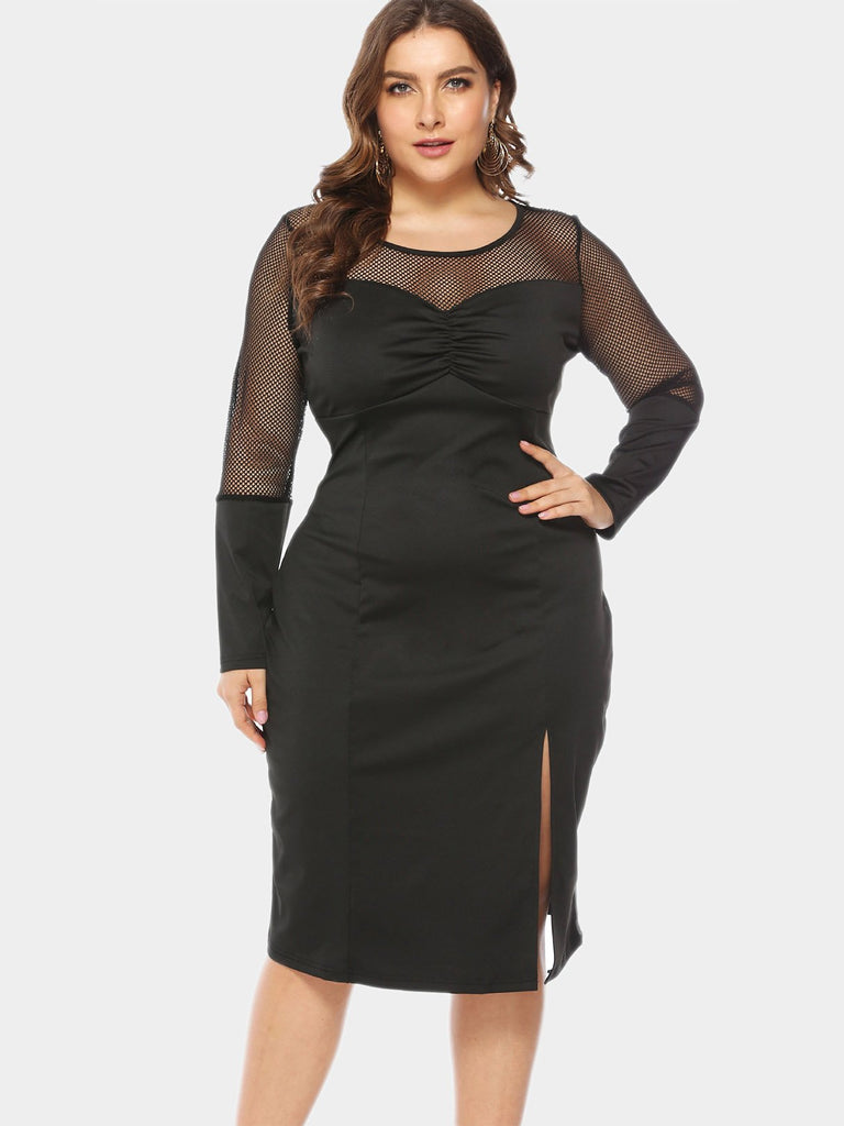 Round Neck Plain See Through Long Sleeve Black Plus Size Dress