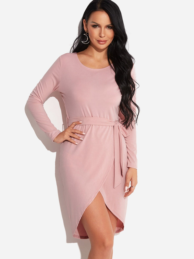 Pink Round Neck Long Sleeve Plain Self-Tie Slit Hem Casual Dress