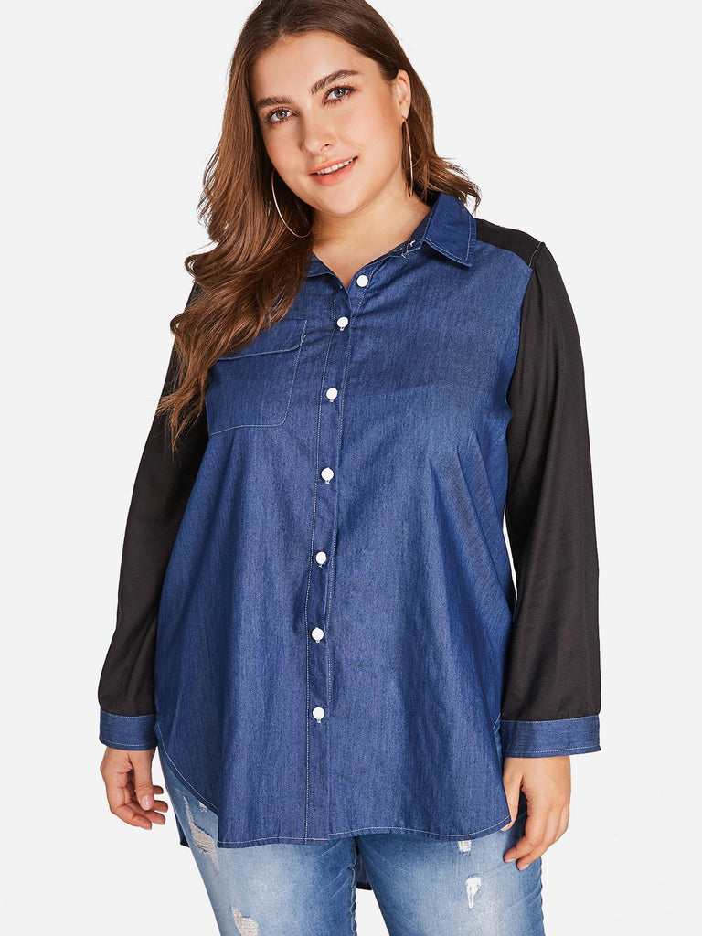 Classic Collar Long Sleeve High-Low Hem Plus Size Tops