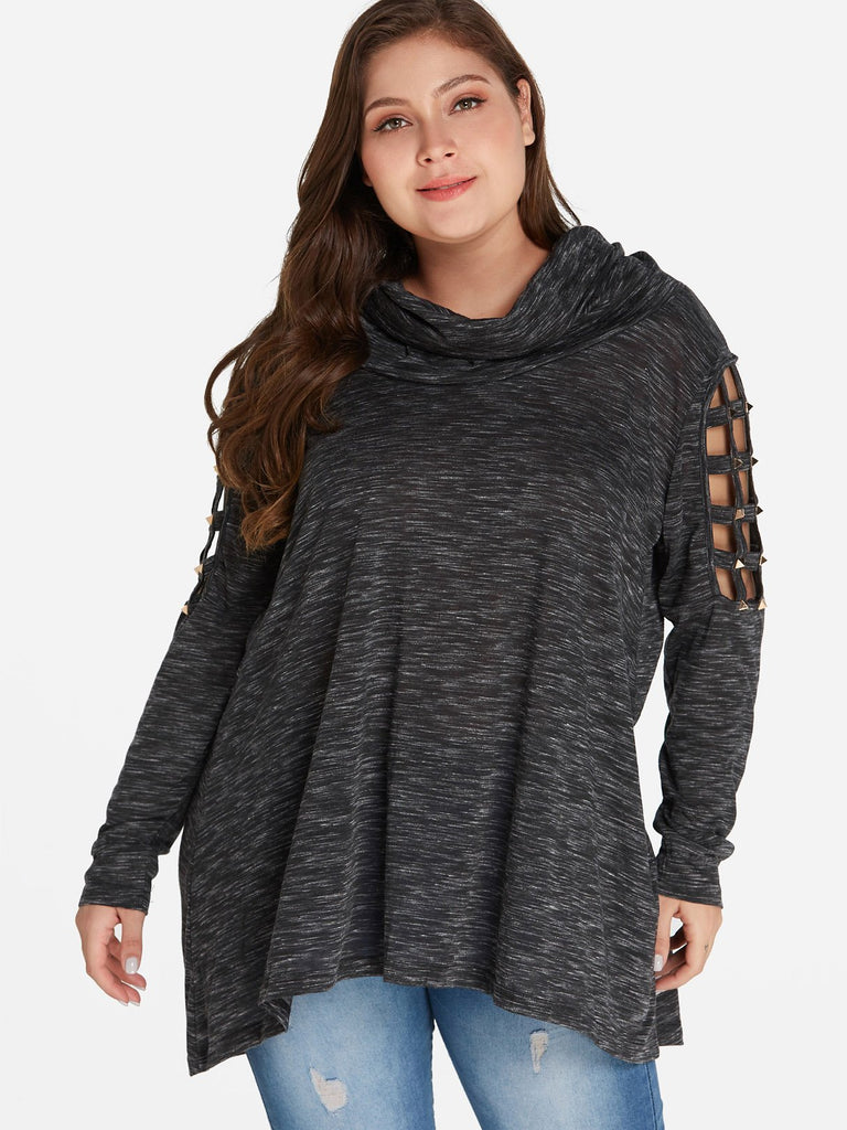 Plain Cut Out Rivets Long Sleeve Grey Plus Size Tops