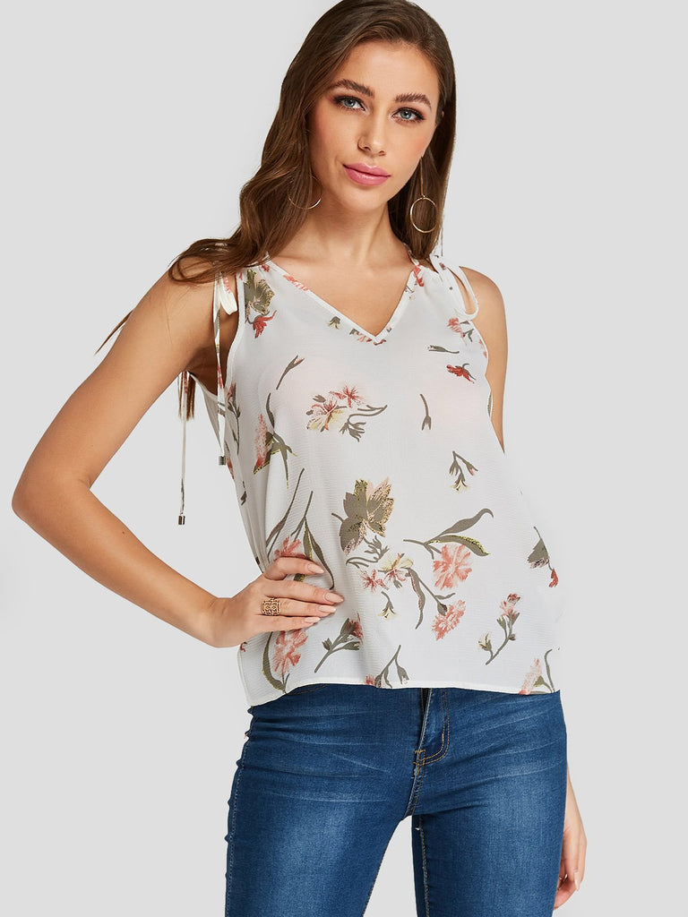 V-Neck Floral Print Self-Tie Sleeveless White Camis