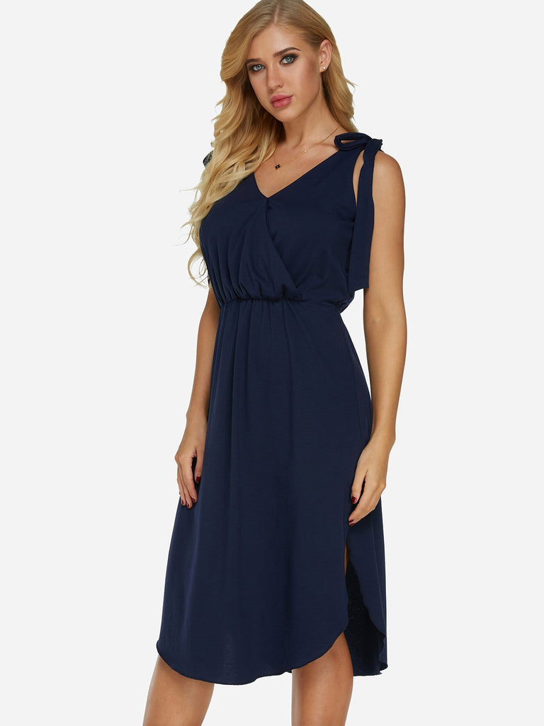 Navy V-Neck Sleeveless Self-Tie Slit Hem Dresses