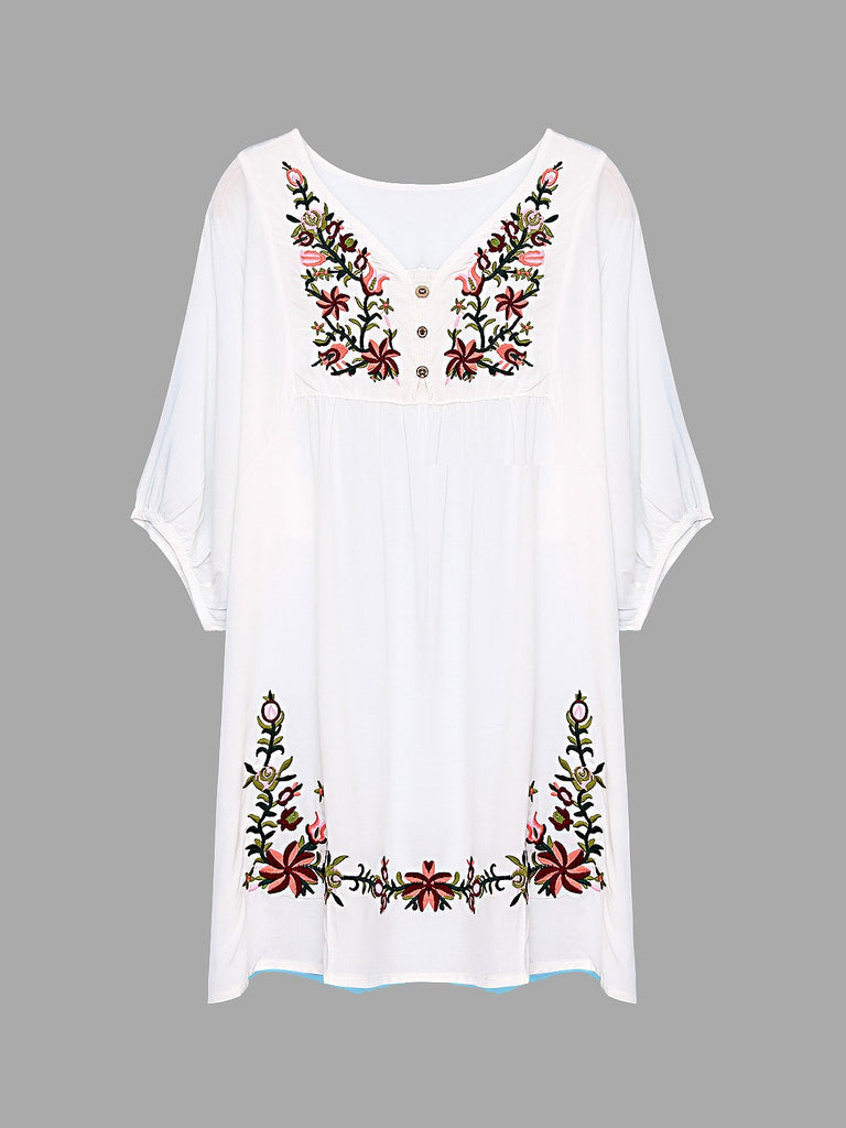 White V-Neck Half Sleeve Embroidered Dresses