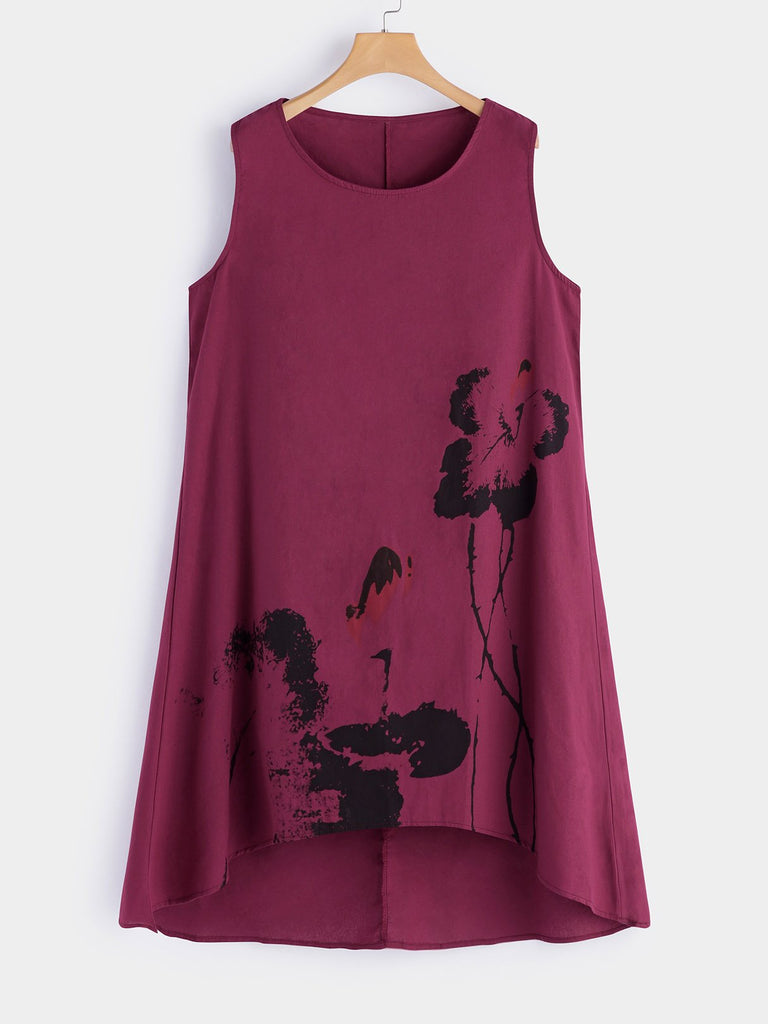 Round Neck Floral Print Sleeveless High-Low Hem Burgundy Plus Size Dress