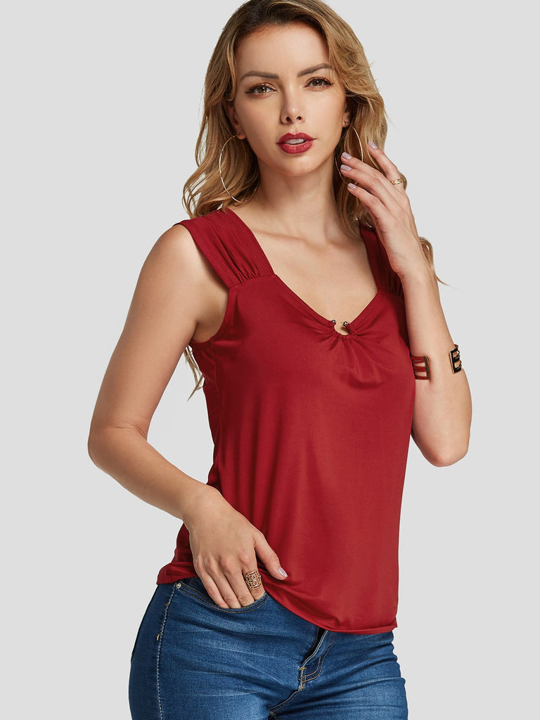 V-Neck Pleated Burgundy Tank Top