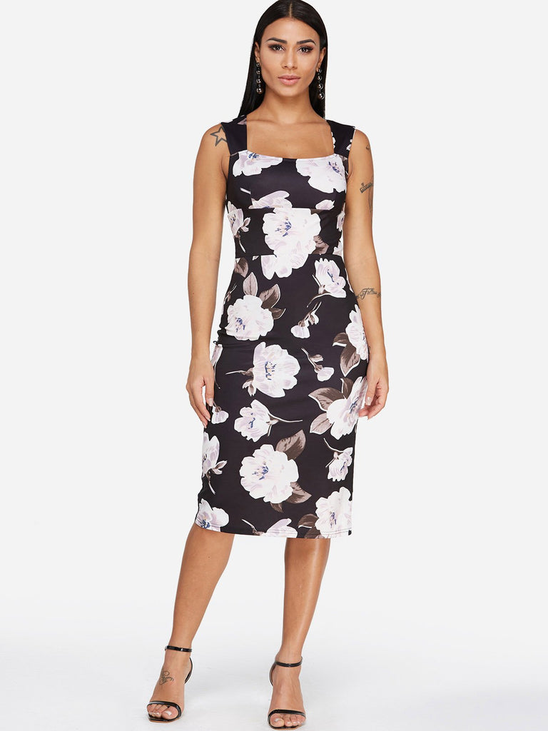 Black Square Neck Sleeveless Floral Print Backless Dresses