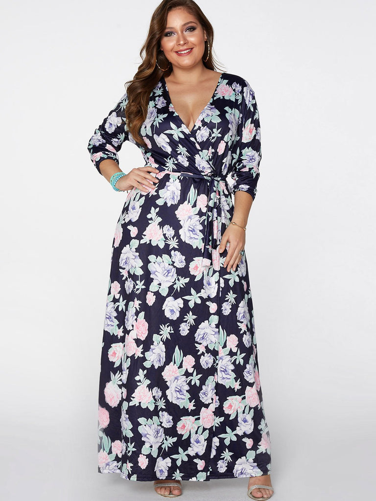 V-Neck Floral Print 3/4 Sleeve Slit Hem Navy Plus Size Maxi Dress