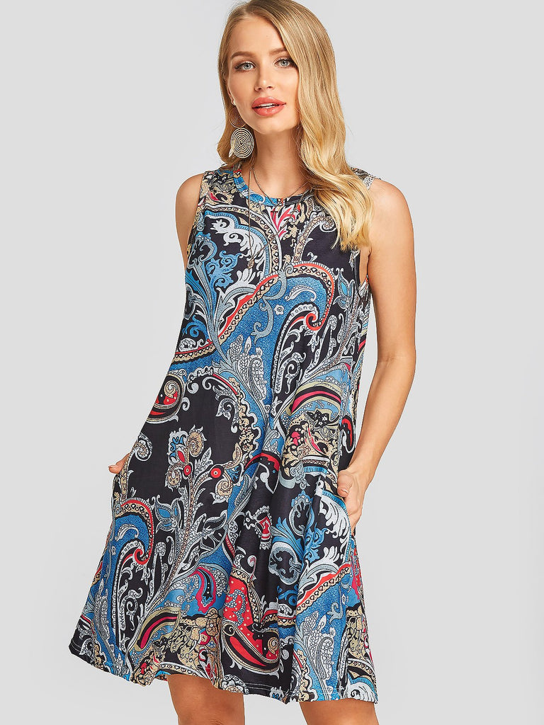 Round Neck Sleeveless Printed Casual Dress