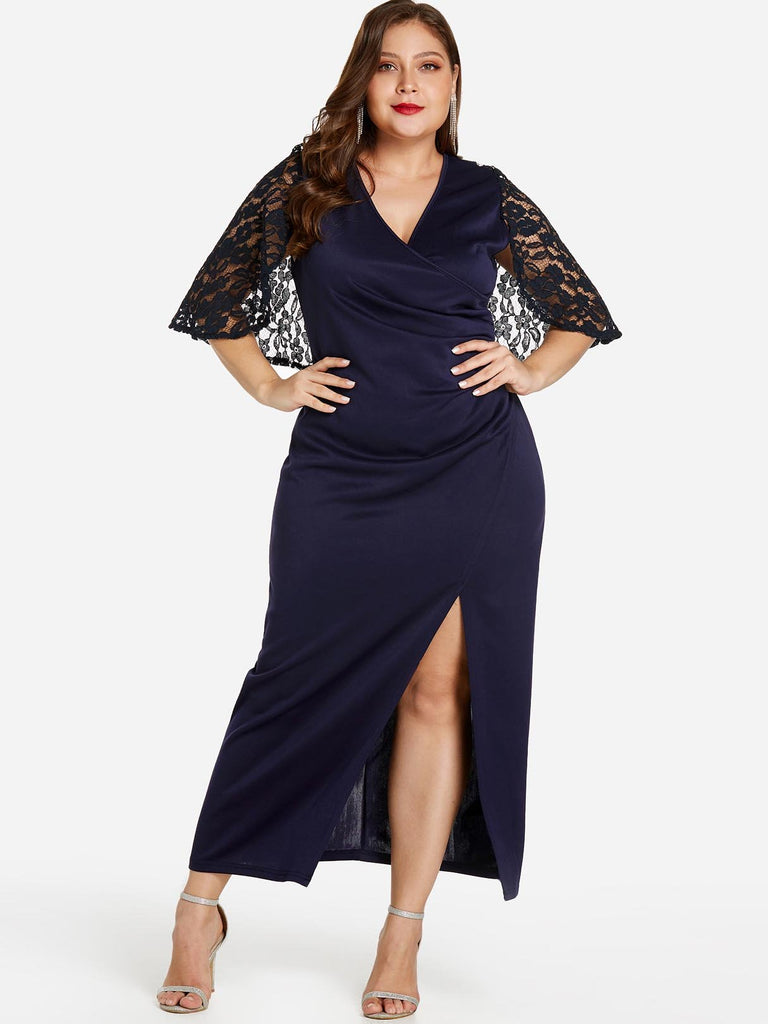 V-Neck Plain Lace Half Sleeve Slit Hem Navy Plus Size Dress