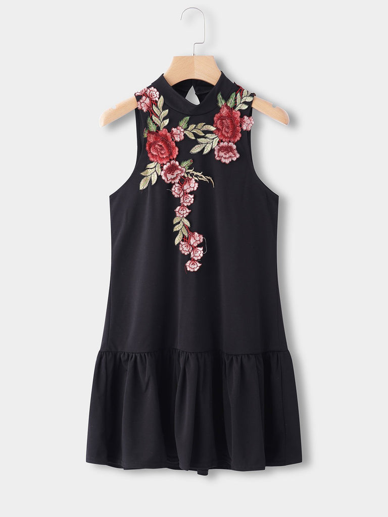 Black Round Neck Sleeveless Embroidered Ruffle Hem Casual Dress