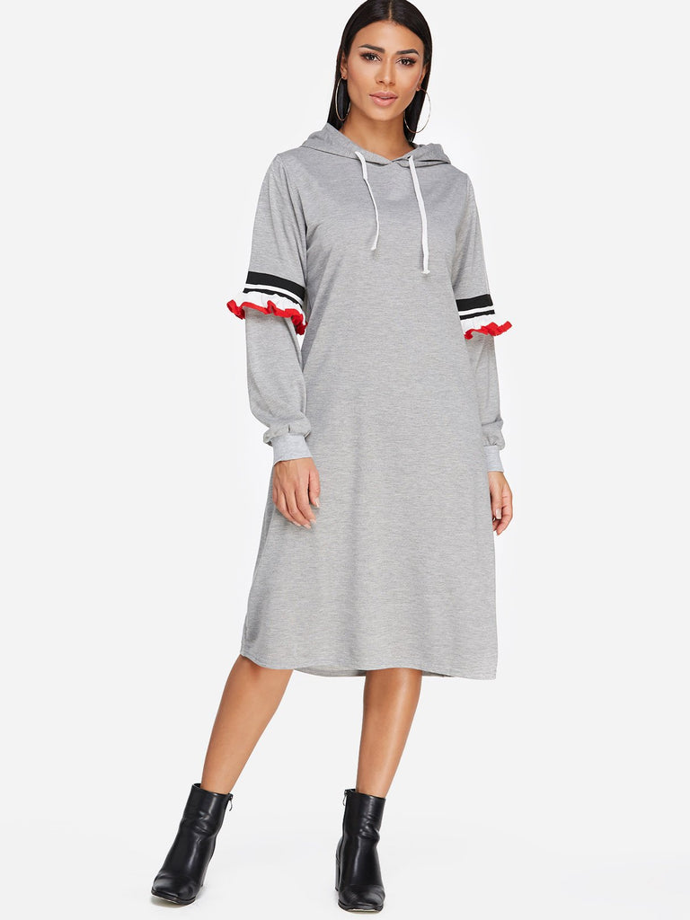 Stitching Design Plain Long Sleeves Hooded Midi Dresses