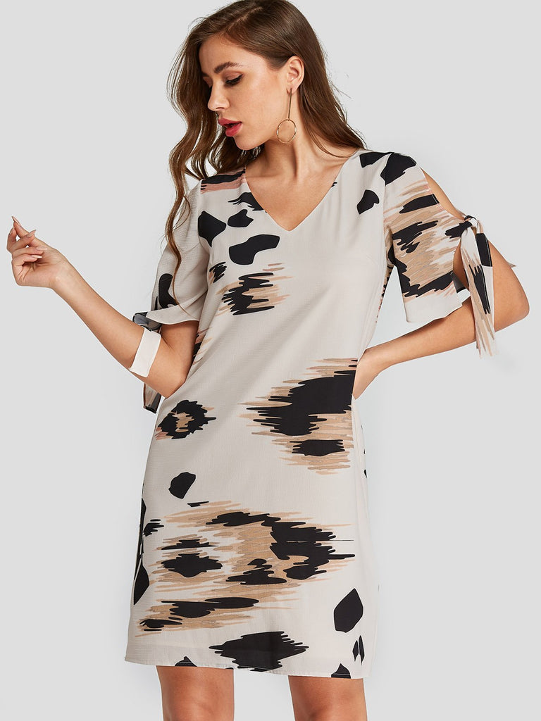 White V-Neck Short Sleeve Animal Dresses