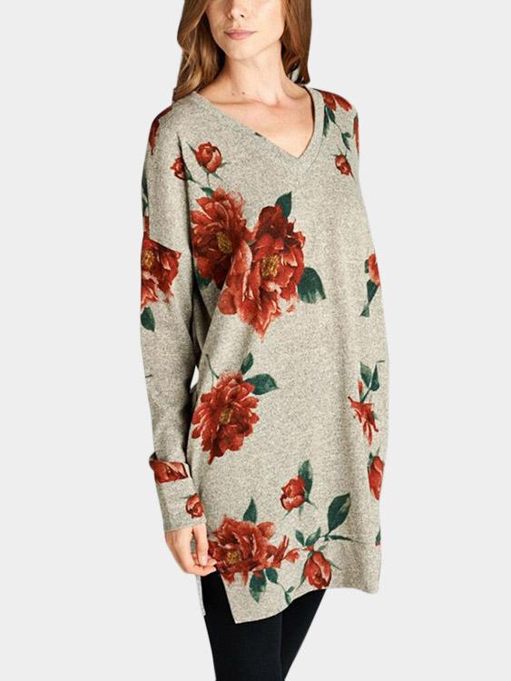 V-Neck Floral Print Side Pockets Long Sleeve Slit Hem Khaki T-Shirts