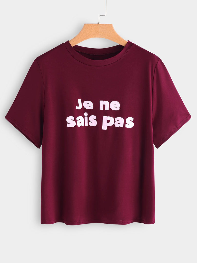 Round Neck Letter Short Sleeve Burgundy Plus Size Tops