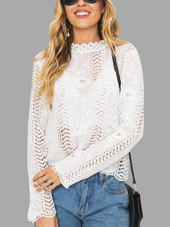 Crew Neck Lace Hollow Long Sleeve White Blouses