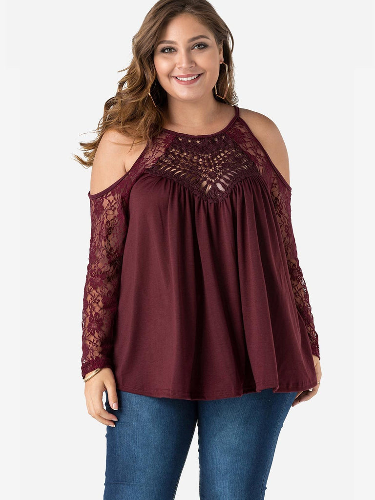 Round Neck Cold Shoulder Plain Lace Hollow Long Sleeve Red Plus Size Tops