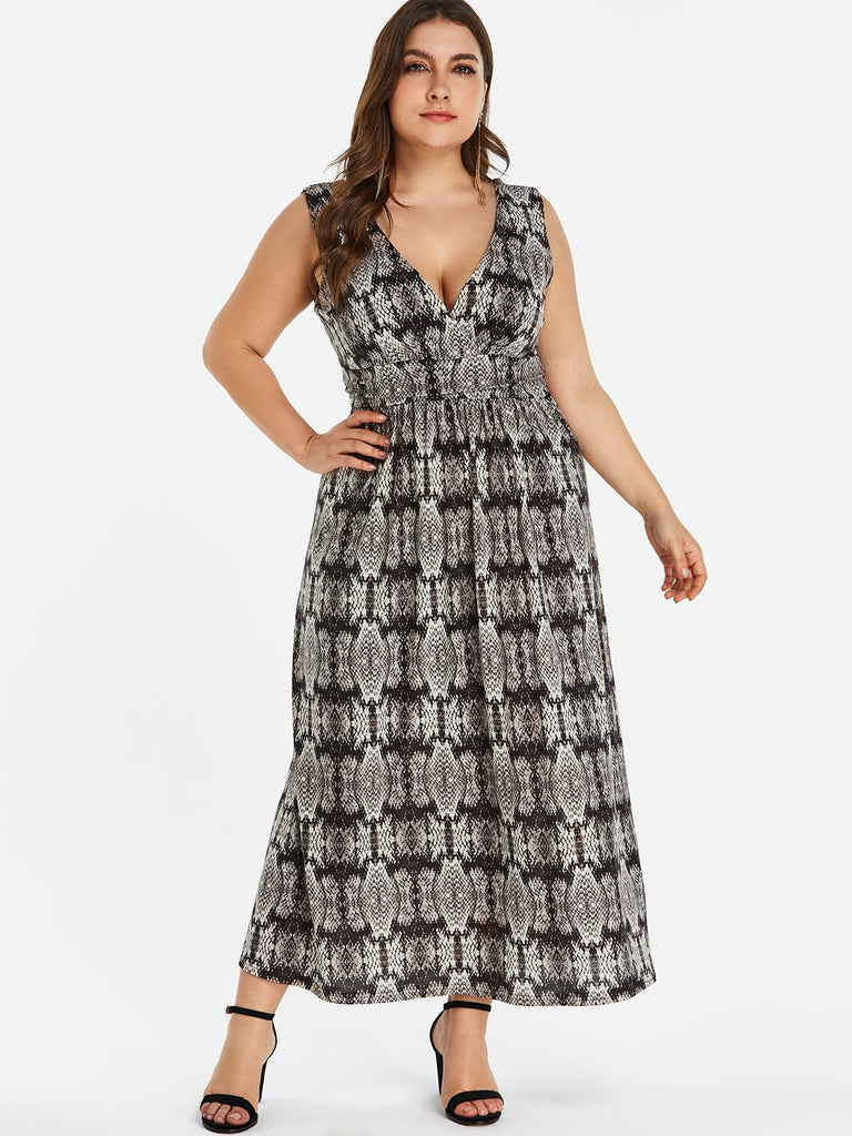 V-Neck Animal Tribal Print Sleeveless Plus Size Dress