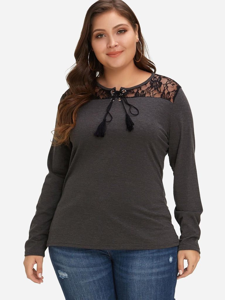 Round Neck Lace Lace-Up Long Sleeve Grey Plus Size Tops