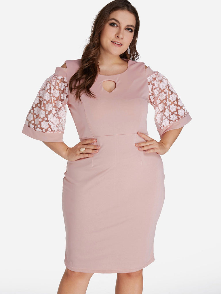 Round Neck Plain Cut Out Half Sleeve Pink Plus Size Dresses