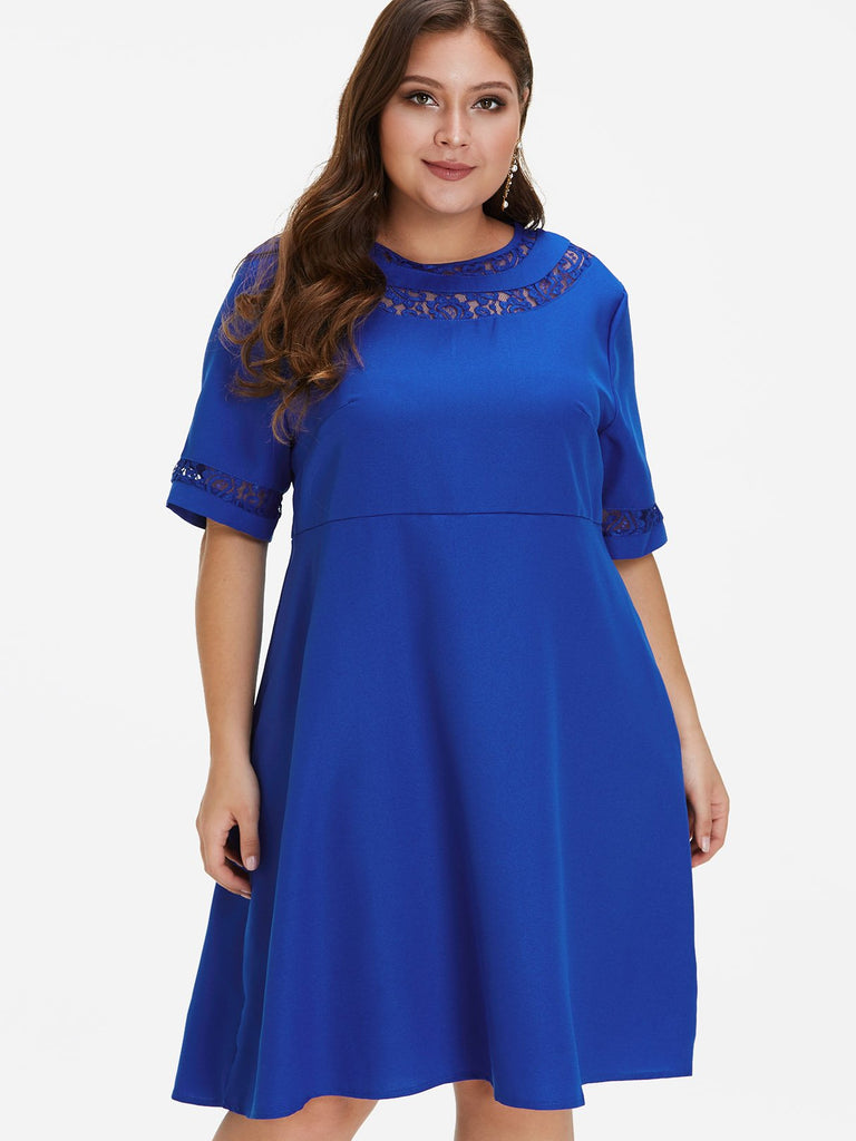 Round Neck Plain Lace Half Sleeve Blue Plus Size Dress