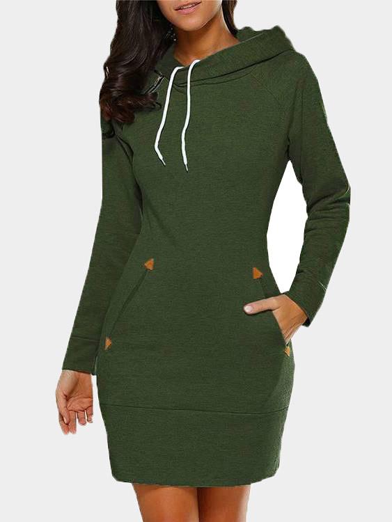 Green Crew Neck Long Sleeve Plain Zip Back Side Pockets Hooded Casual Dress