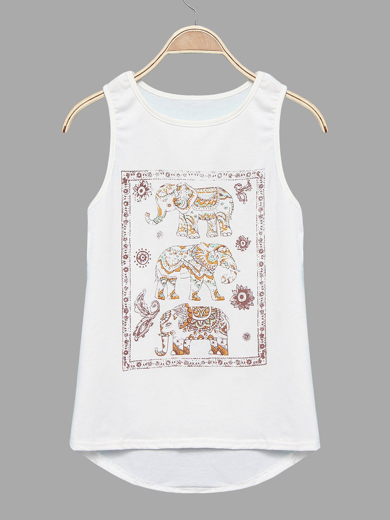 Round Neck Printed Sleeveless White Camis