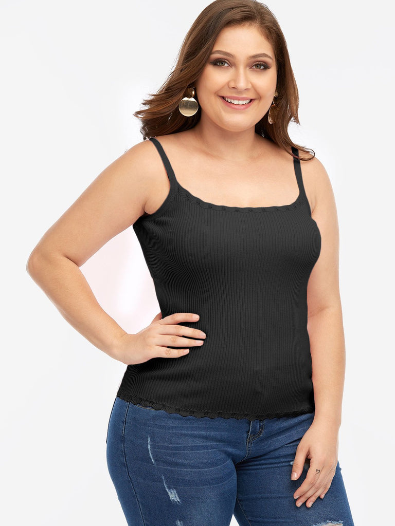 Scoop Neck Plain Spaghetti Strap Sleeveless Black Plus Size Tops