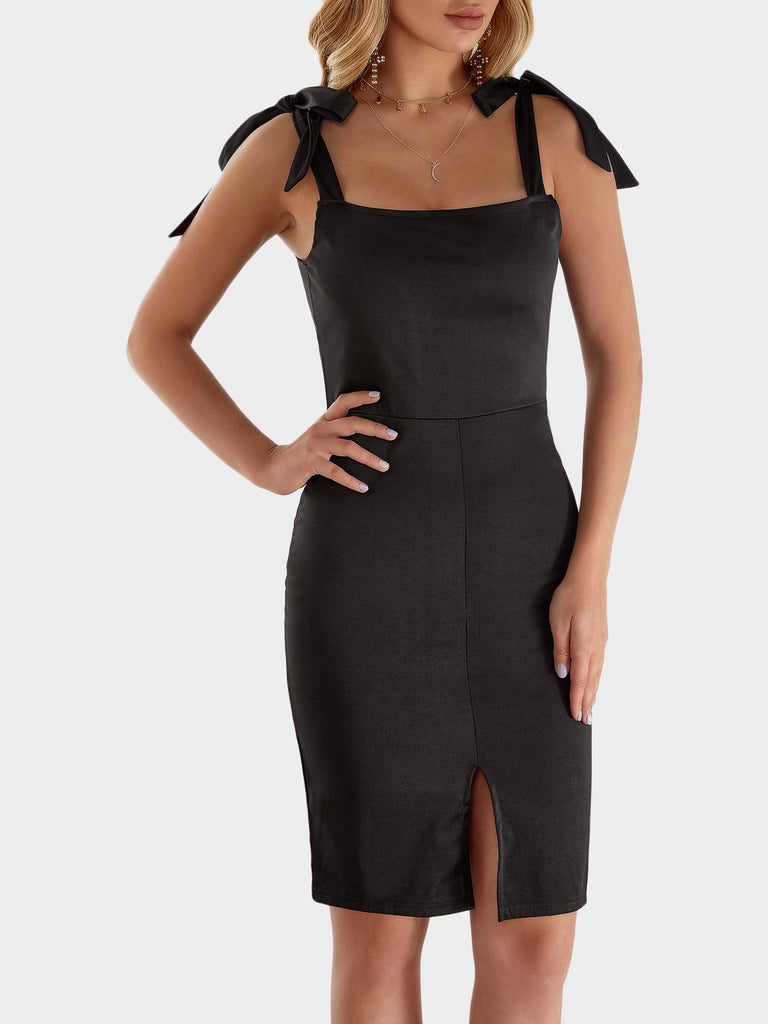 Black Square Neck Off The Shoulder Sleeveless Backless Lace-Up Spaghetti Strap Bodycon High-Waisted Sexy Dress