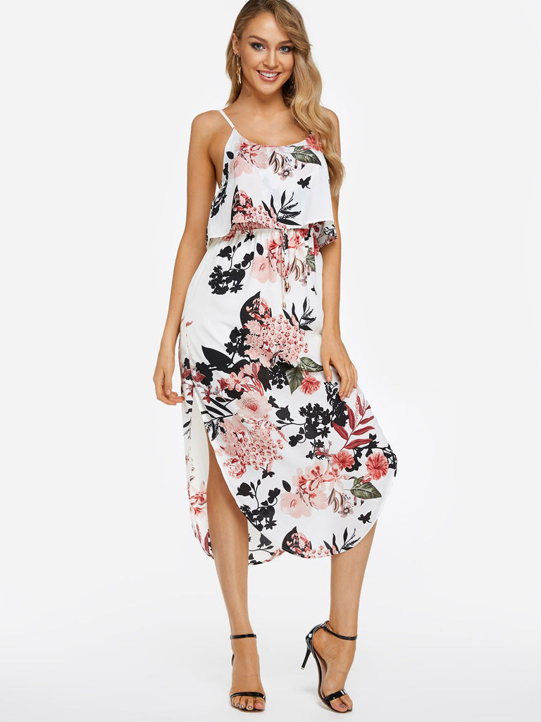 White Round Neck Sleeveless Floral Print Backless Lace-Up Spaghetti Strap Slit Hem Dresses