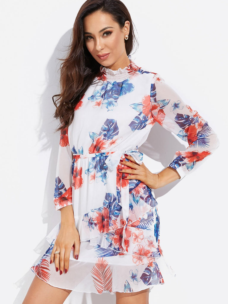 White Crew Neck Long Sleeve Floral Print Tiered Self-Tie Dresses