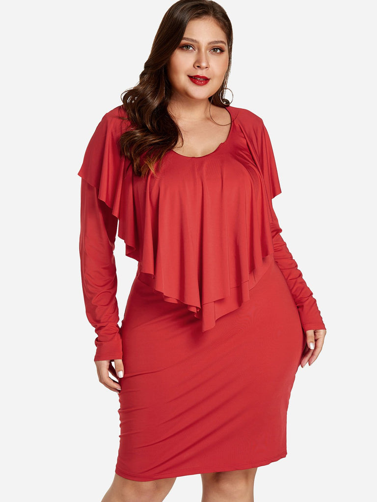 Round Neck Plain Tiered Ruffle Trim Long Sleeve Plus Size Dress