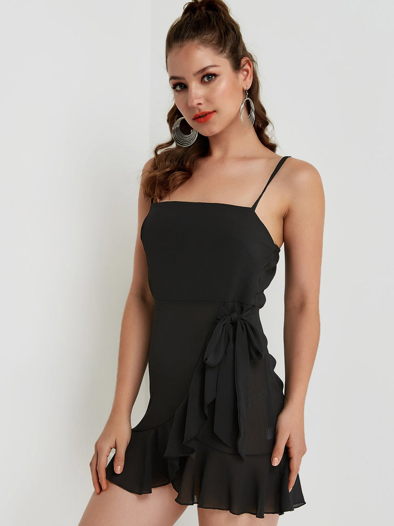 Black Sleeveless Plain Backless Spaghetti Strap Self-Tie Flounced Hem Sexy Dresses