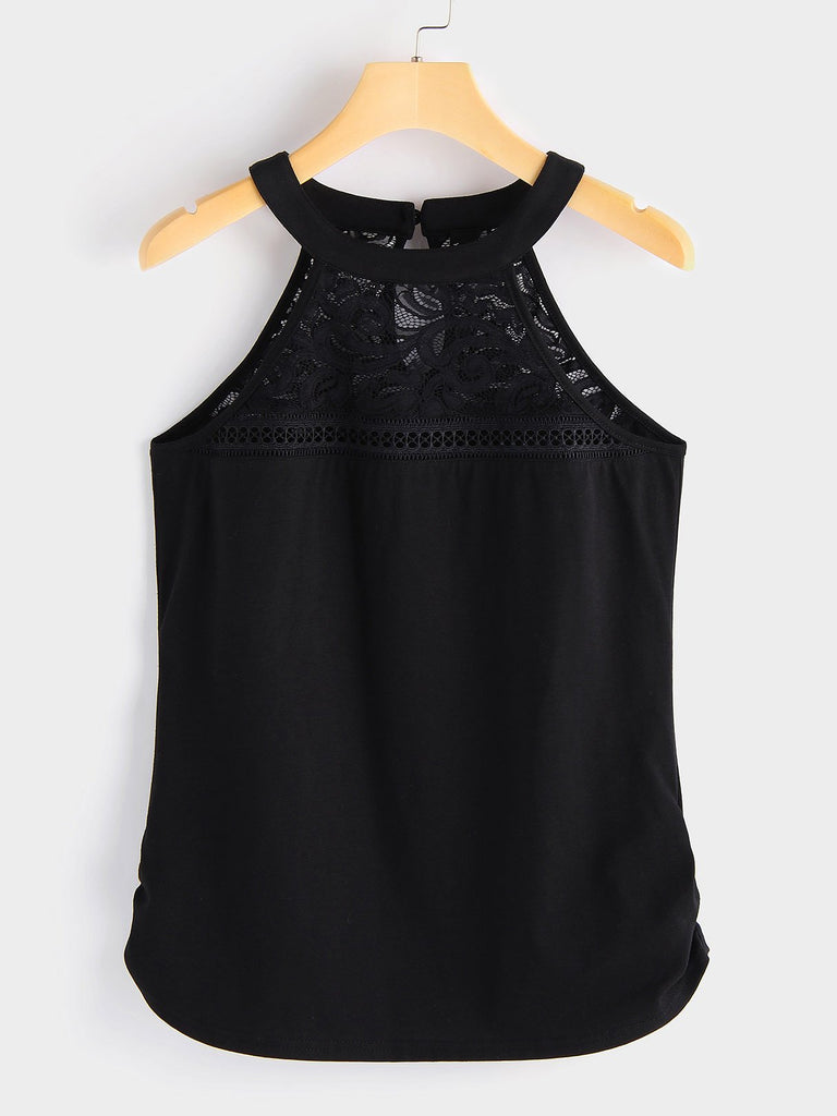 Crew Neck Plain Lace Sleeveless Black Camis