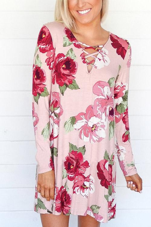 Pink V-Neck Long Sleeve Floral Print Dresses