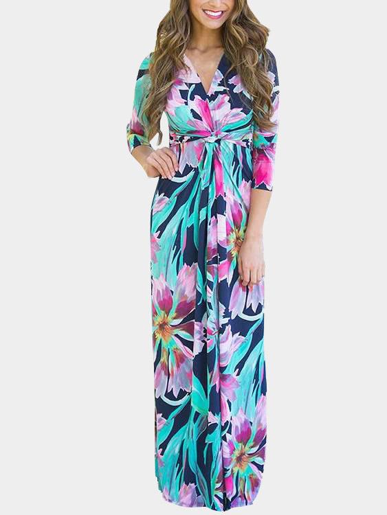 V-Neck 3/4 Sleeve Length Floral Print Crossed Front Wrap Maxi Dresses