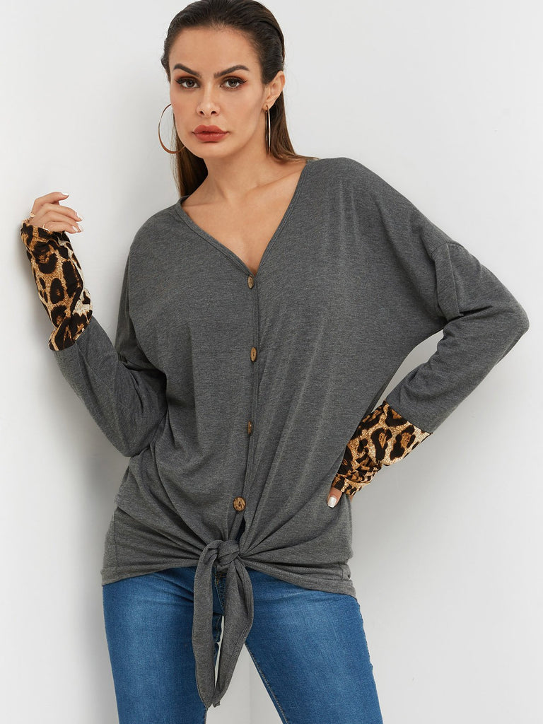 V-Neck Leopard Crossed Front Long Sleeve T-Shirts