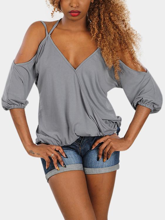 V-Neck Cold Shoulder Plain Crossed Front Cut Out Half Sleeve Grey T-Shirts