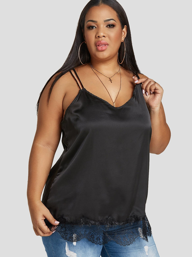 V-Neck Backless Spaghetti Strap Criss-Cross Sleeveless Black Plus Size Tops