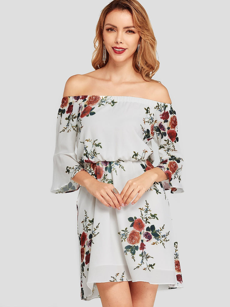 White Off The Shoulder Half Sleeve Floral Print Backless Dresses