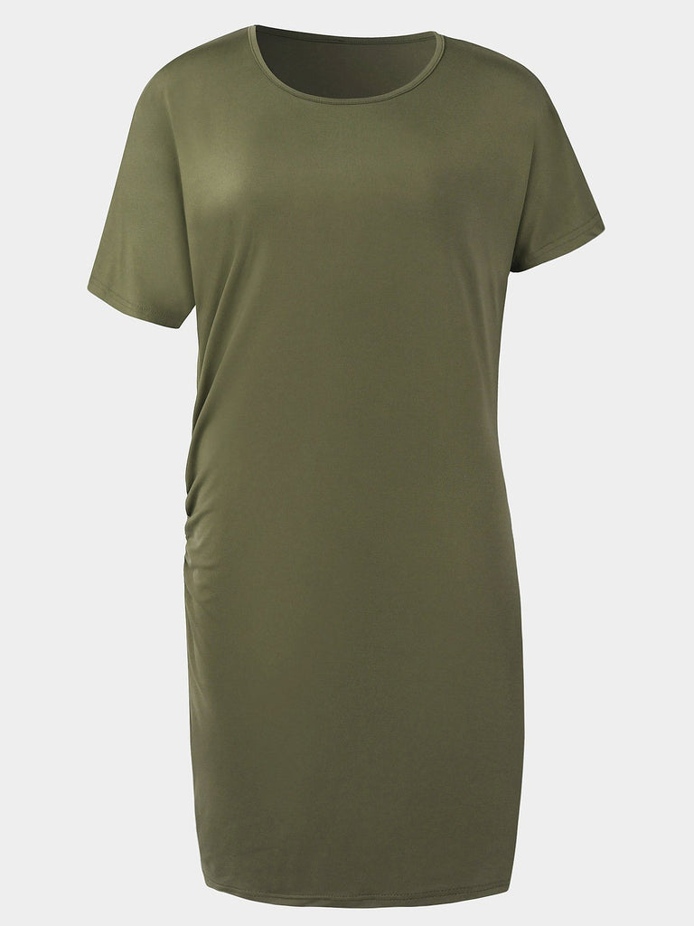 Green Round Neck Short Sleeve Plain Pleated Casual Dresses