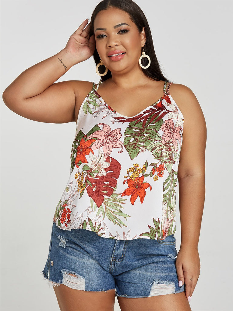 V-Neck Floral Print Spaghetti Strap Criss-Cross Sleeveless White Plus Size Tops