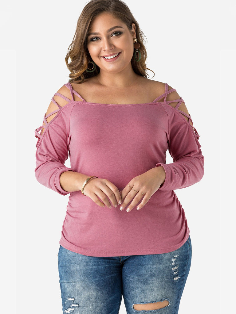 Off The Shoulder Plain Hollow Long Sleeve Plum Plus Size Tops