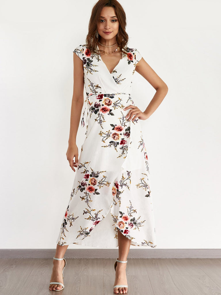 White V-Neck Short Sleeve Floral Print Wrap Dresses