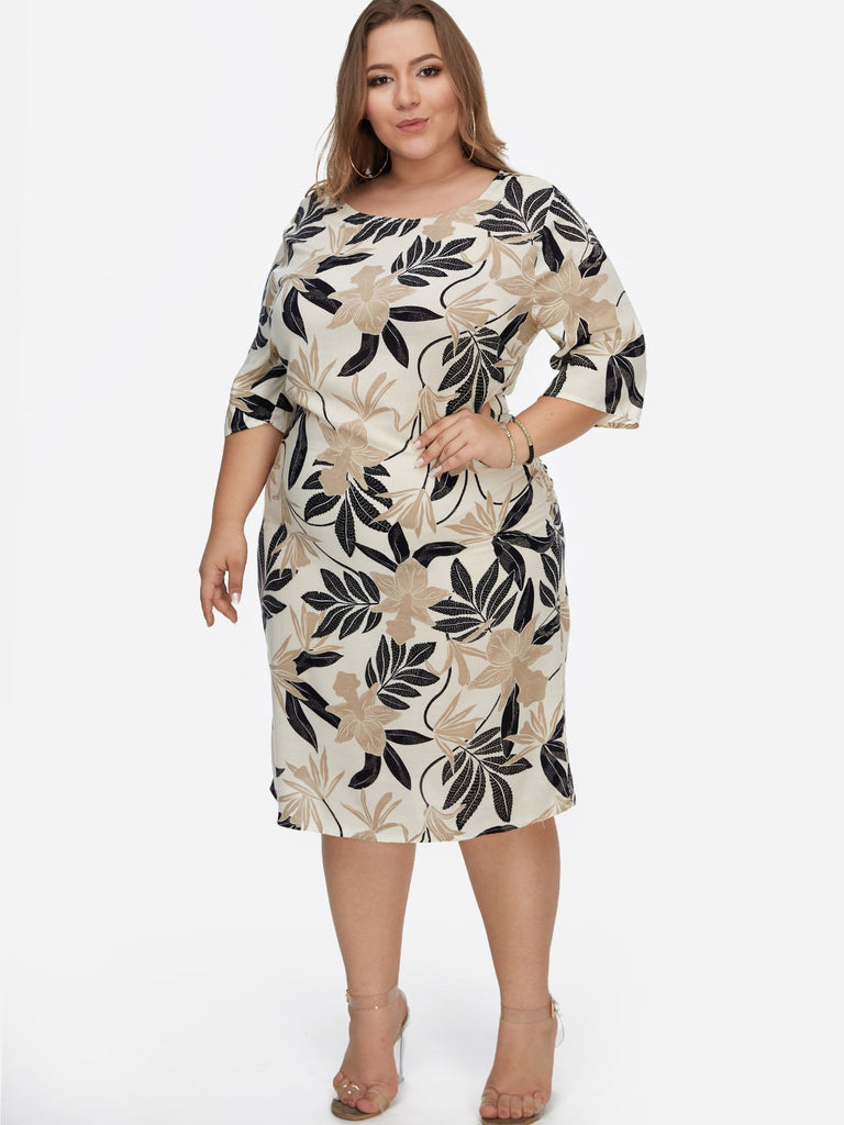 Round Neck Floral Print 3/4 Sleeve Apricot Plus Size Dresses