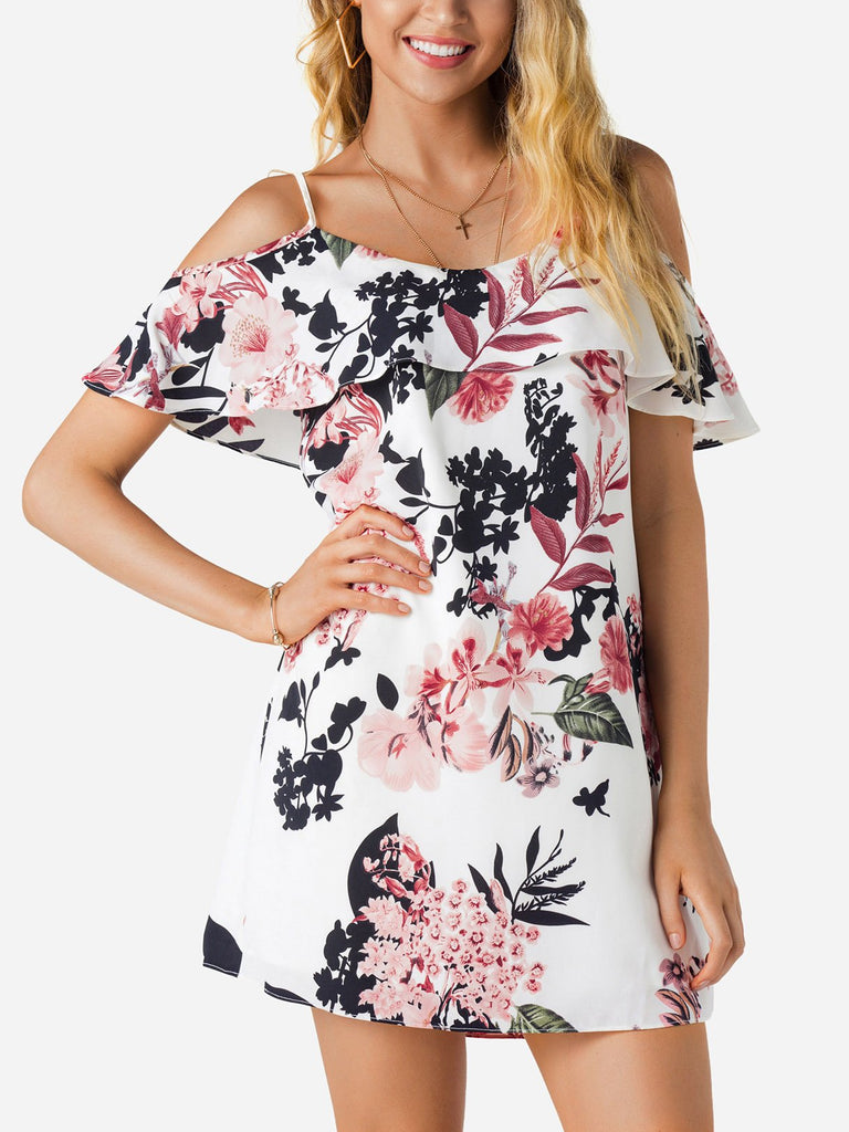 White Floral Print Spaghetti Strap Cold Shoulder Sleeveless Dresses