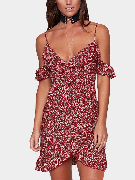 V-Neck Sleeveless Floral Print Backless Ruffle Hem Dresses