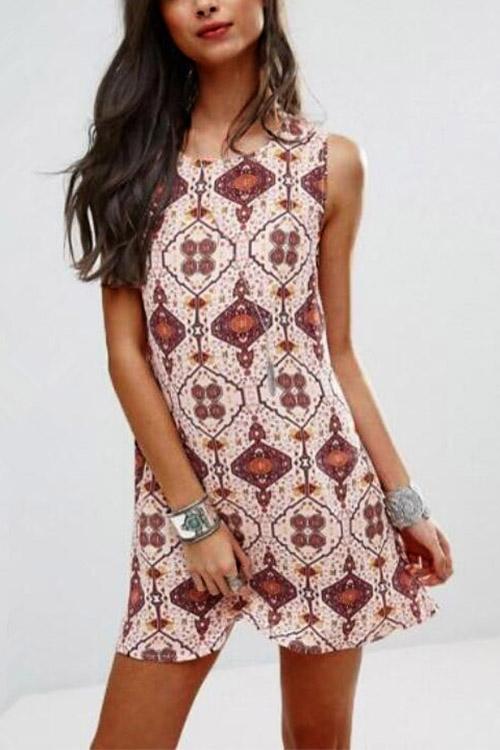 Round Neck Sleeveless Floral Print Backless Mini Dress