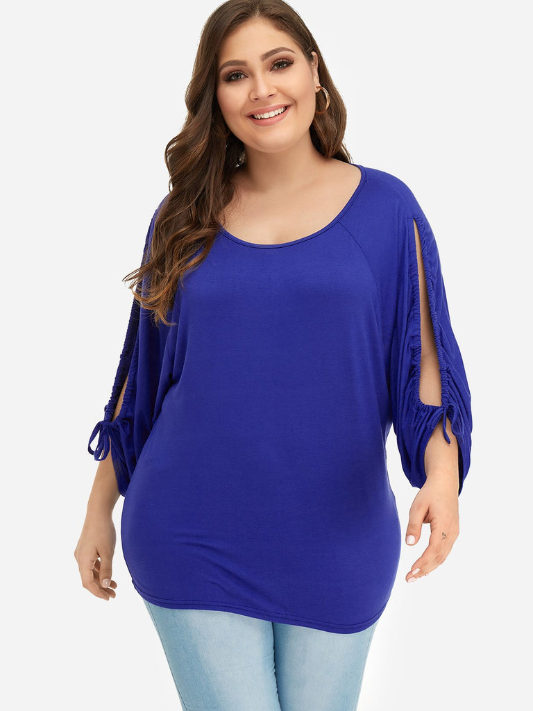 Round Neck Plain Cut Out Pleated 3/4 Sleeve Blue Plus Size Tops